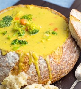 vegan broccoli cheese soup in bread bowl
