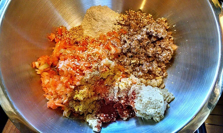 Chickpea burger ingredients in a bowl.