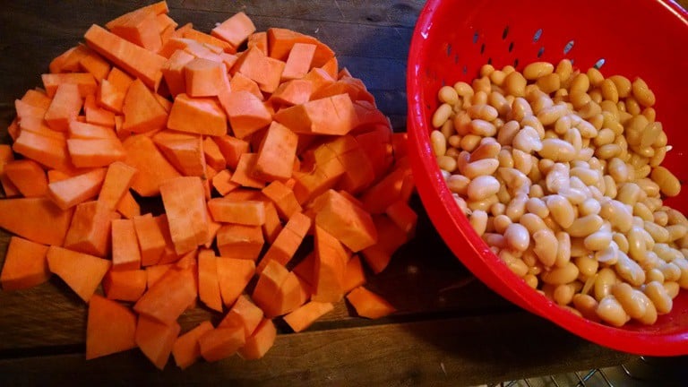 white bean soup recipe. chopped sweet potatoes and beans
