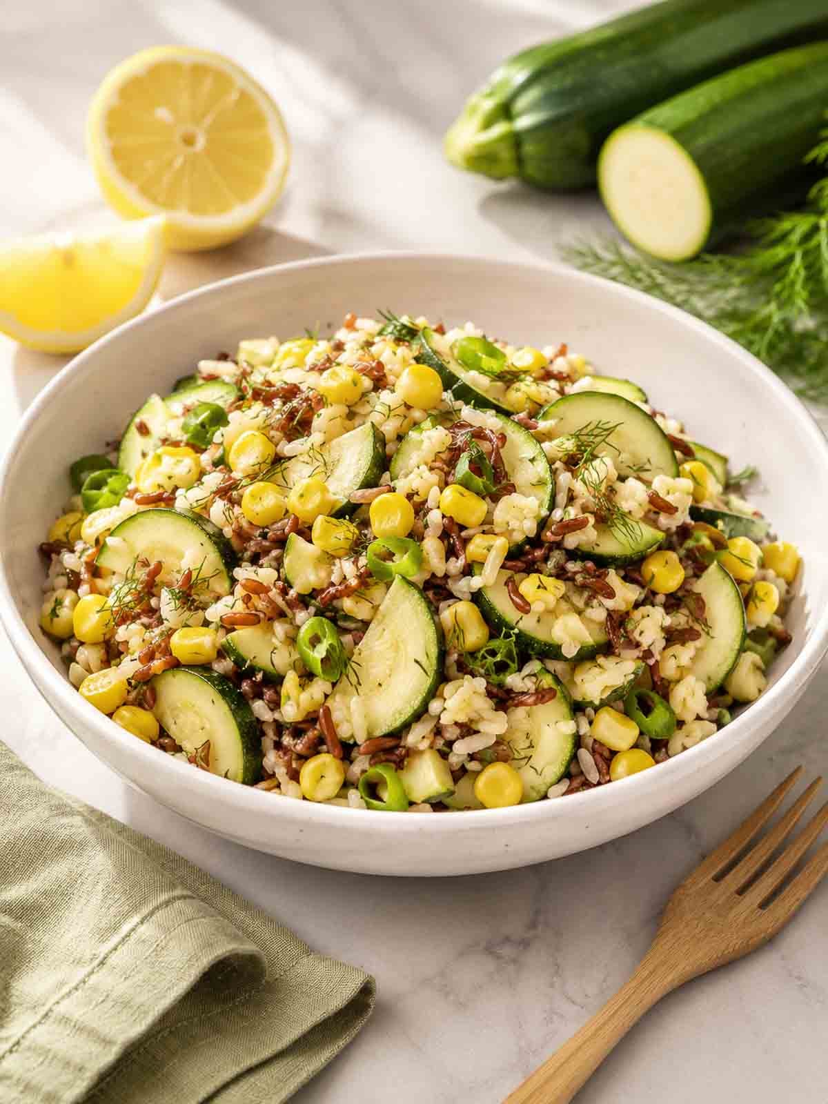 white bowl filled with zuchini corn salad with sliced lemon and zuchinni in background.