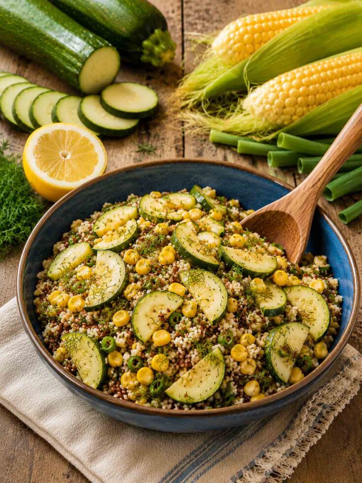 zucchini corn salad in a blue crock bowl with a wooden spoon.