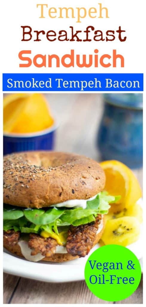 smoked tempeh breakfast sandwich on white plate pinterest photo with title