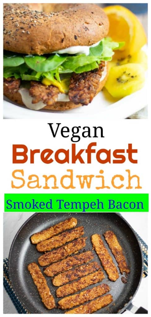 vegan breakfast sandwich on white plate pinterest photo with title