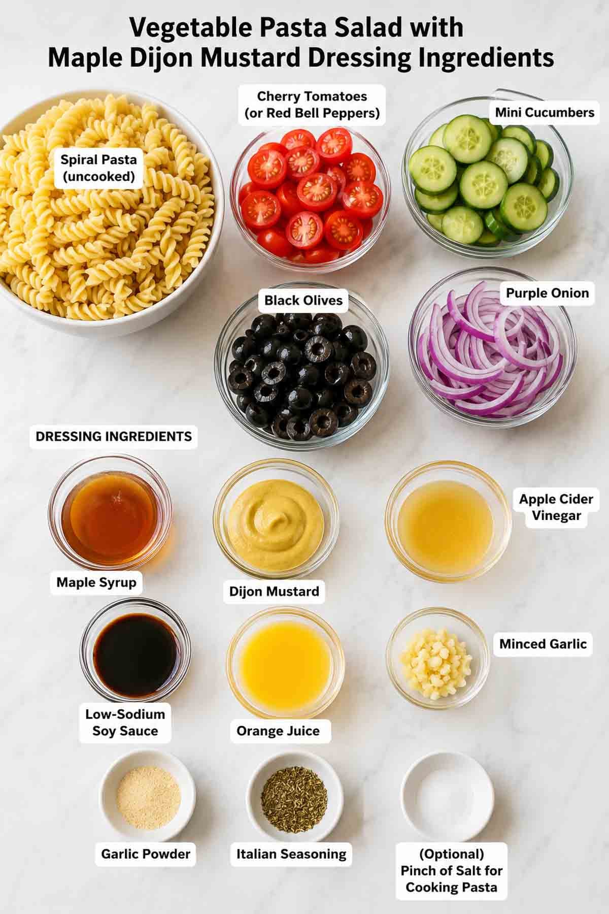 labled ingredient list for vegetable pasta with maple dijon dressing.
