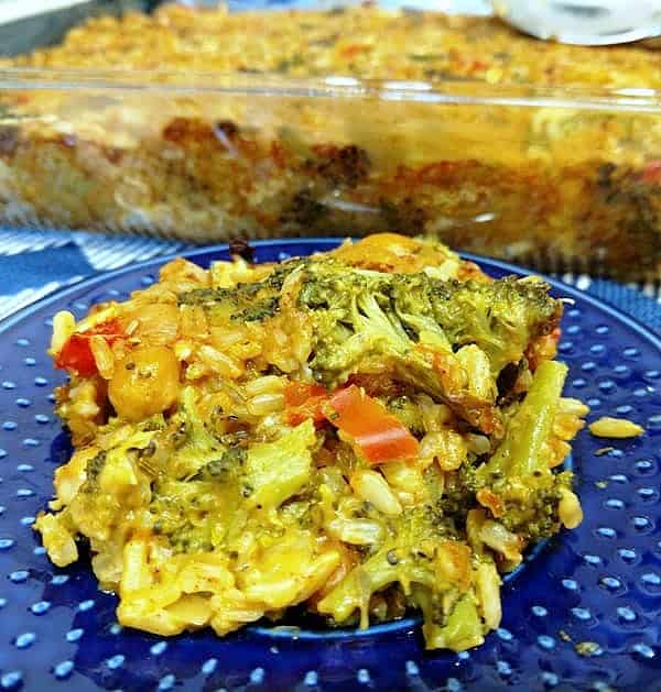 Vegan Broccoli Casserole on blue plate