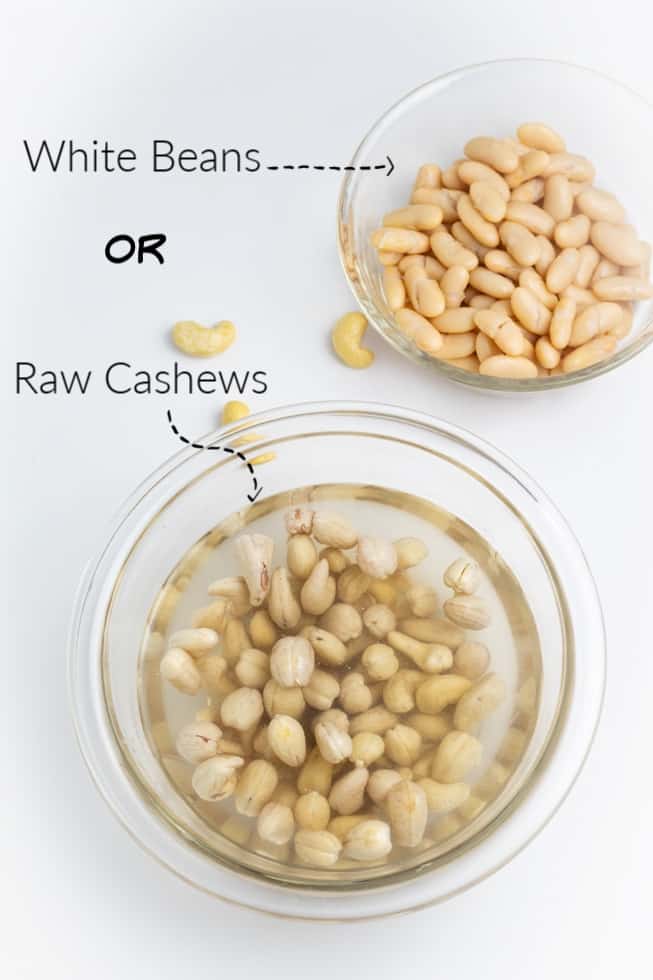 cashews soaking in water and bowl of beans with labels