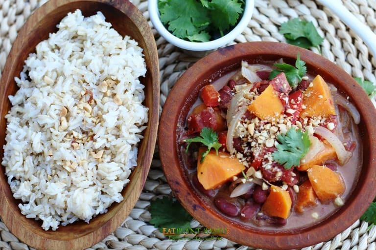 Vegan African Peanut Stew with Sweet Potatoes in wooden bowls