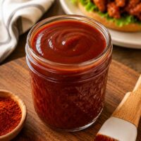 oil-free bbq sauce in a jar with a basting brush beside it.
