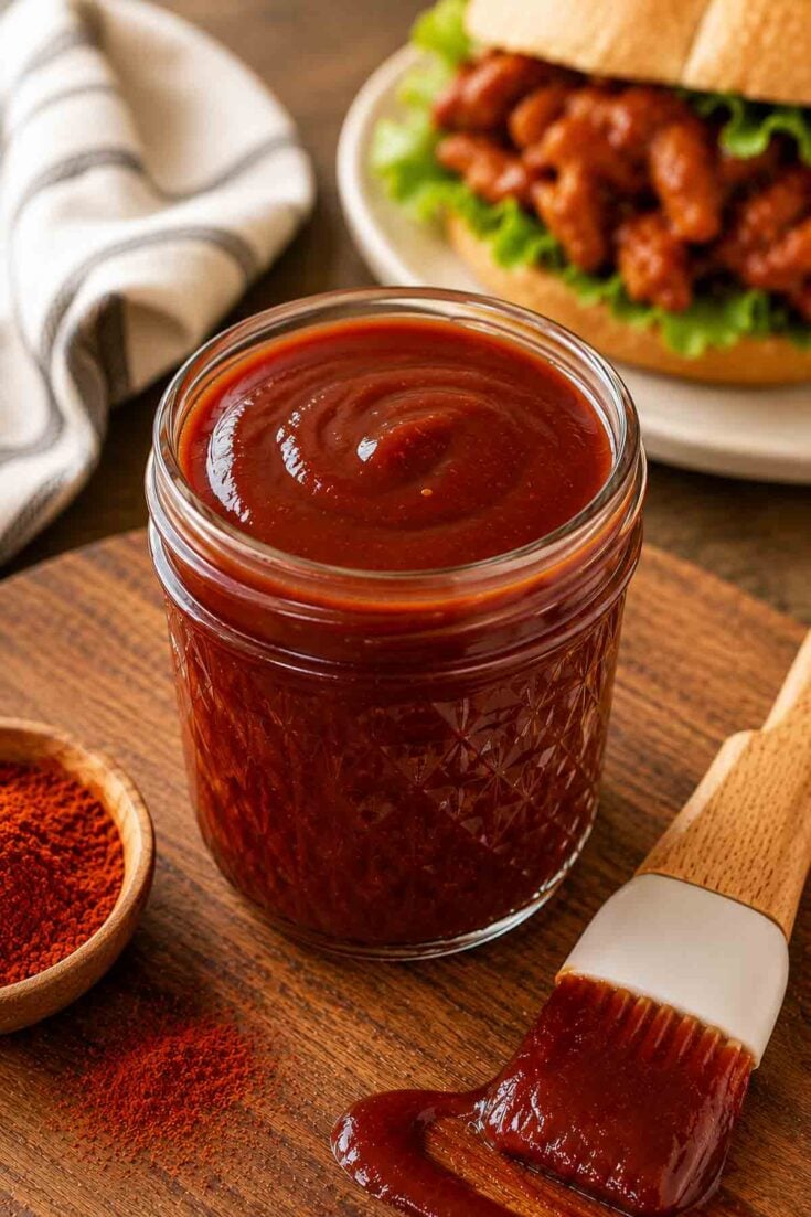 oil-free bbq sauce in a jar with a basting brush beside it.