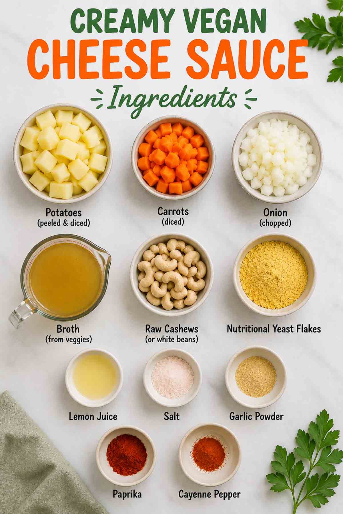 ingredients for vegan cheese sauce.