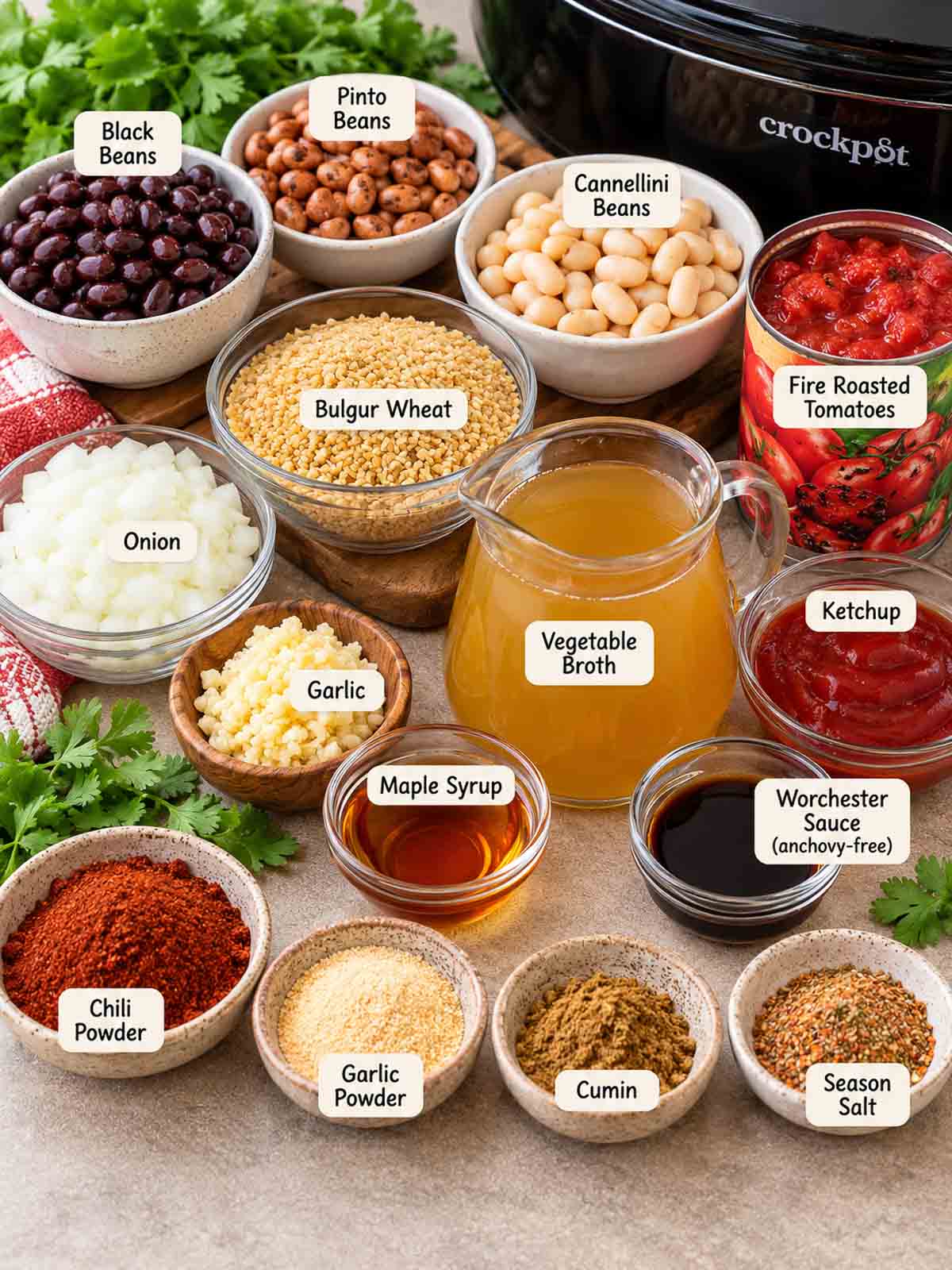 crockpot vegan chili ingredients in bowls and labeled.