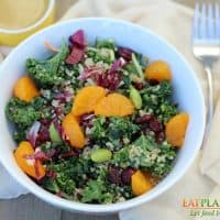 quinoa kale salad in white bowl with fork