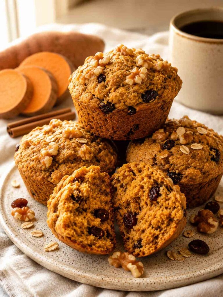 homemade sweet potato muffins on a white plate with one pulled in half to show inside.
