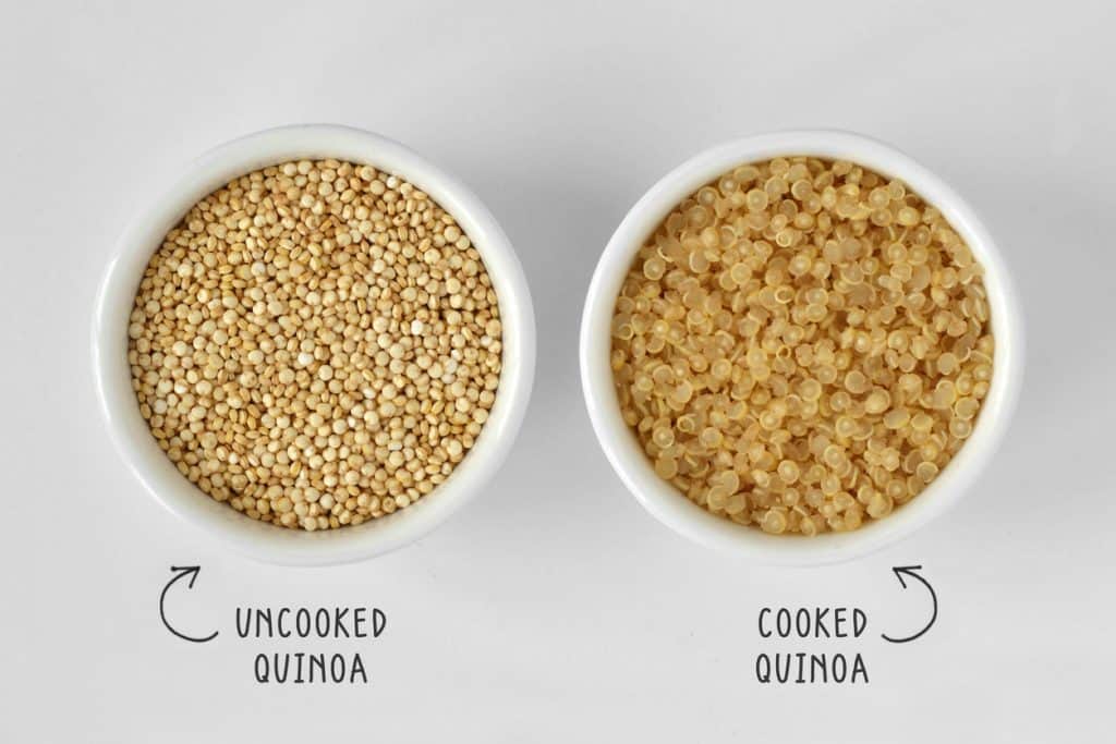 two photos of quinoa. one before cooked and one after