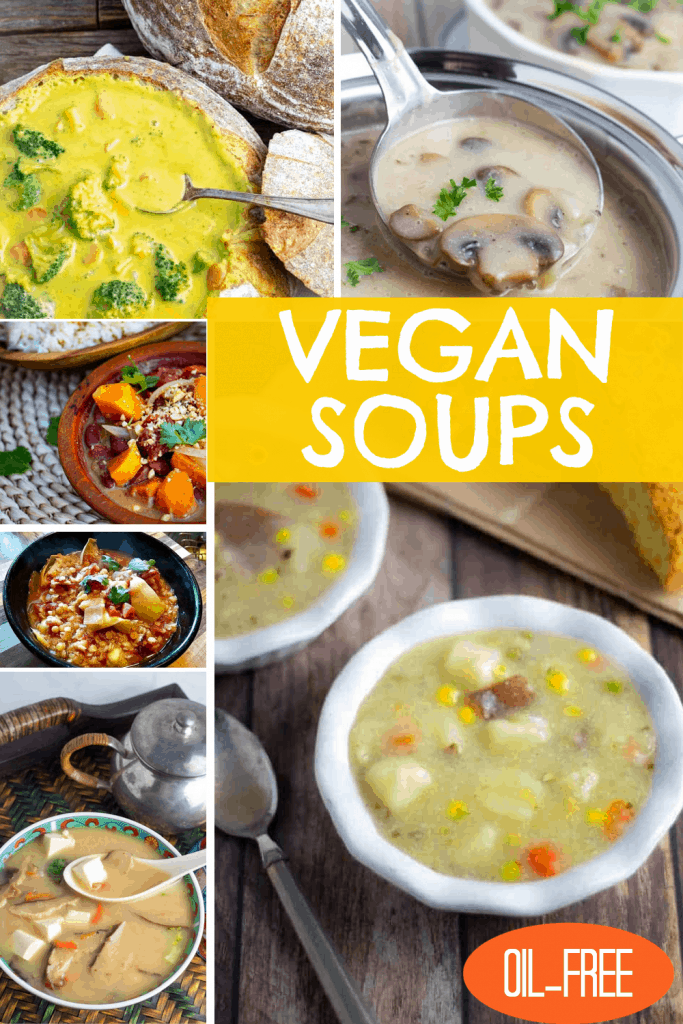 photo collage of vegan soups with title