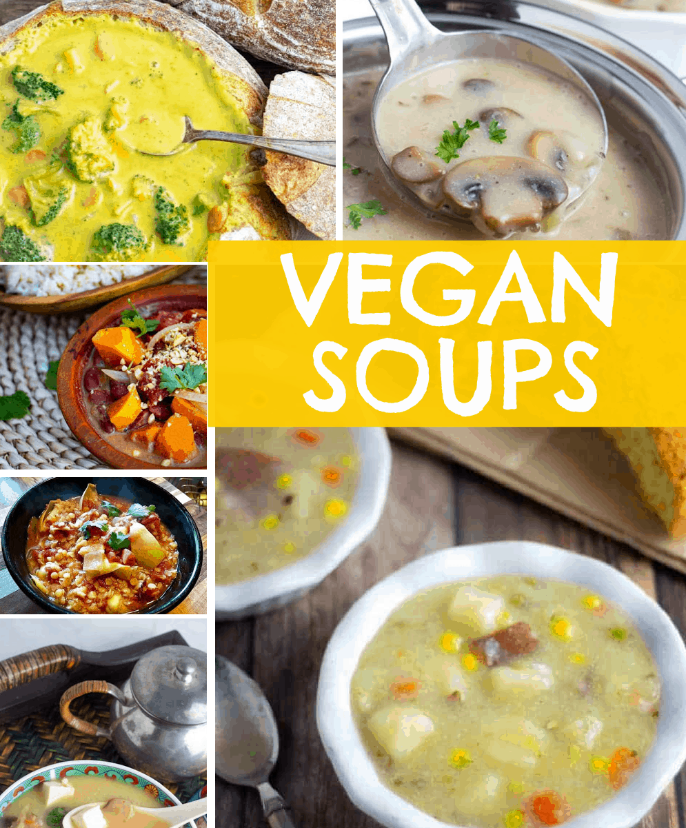 photo collage of vegan soups with title