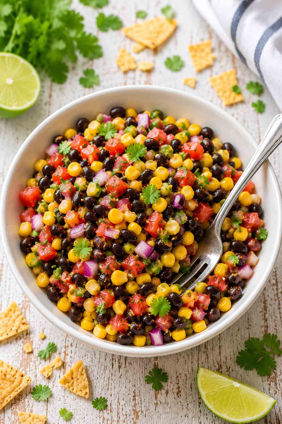 black bean corn salad in a whiite bowl with a fork.