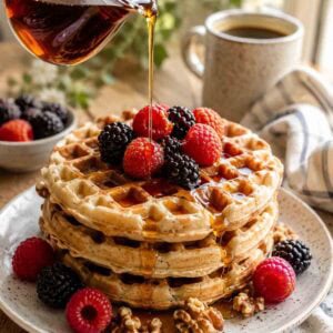 stack of round waffles with fresh berries and maple syrup being poured over the top.
