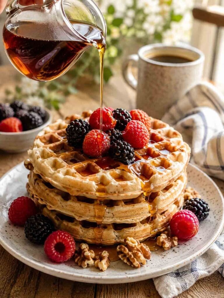 stack of round waffles with fresh berries and maple syrup being poured over the top.