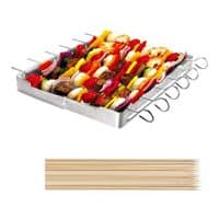 UNICOOK Heavy Duty Stainless Steel Barbecue Skewer Shish Kabob Set, 6pcs 13”L Skewer and Foldable Grill Rack Set, Durable and Reusable, Bonus of 50pcs 12.5”L Bamboo Skewers for Party and Cookout