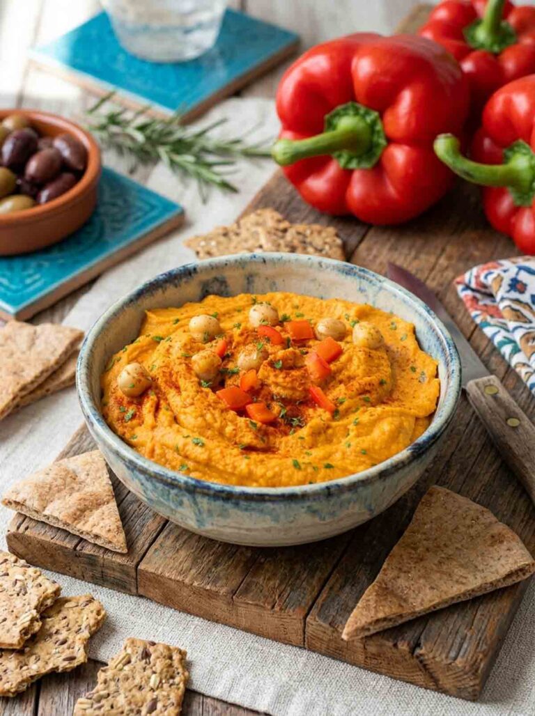 blue crock bowl filled with roasted red pepper hummus and crackers scattered around on cutting board.