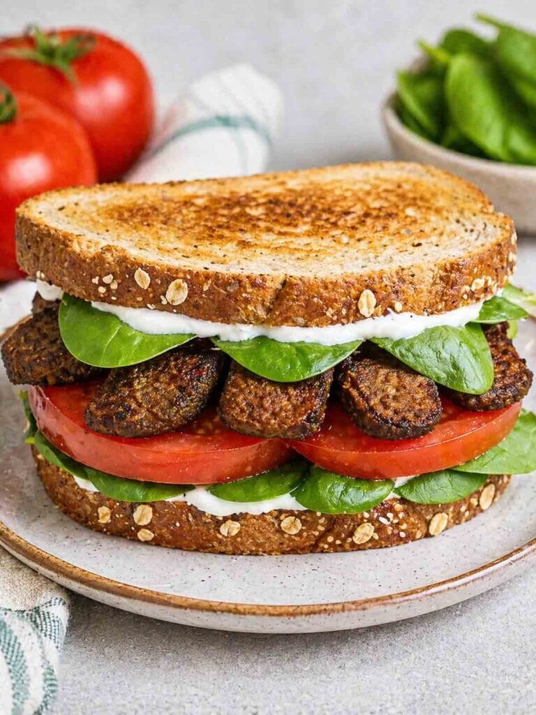 smoked tempeh bacon sandwich with tomato, lettuce, and tofu mayonnaise on a plate.