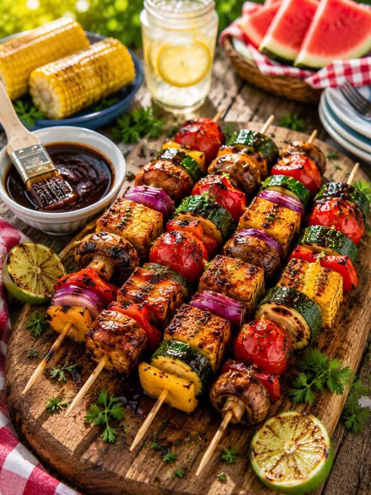 4 vegetable kabobs with mushrooms, tofu, zucchini, squash, onions.