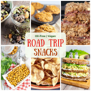 vegan road trip snacks photo collage