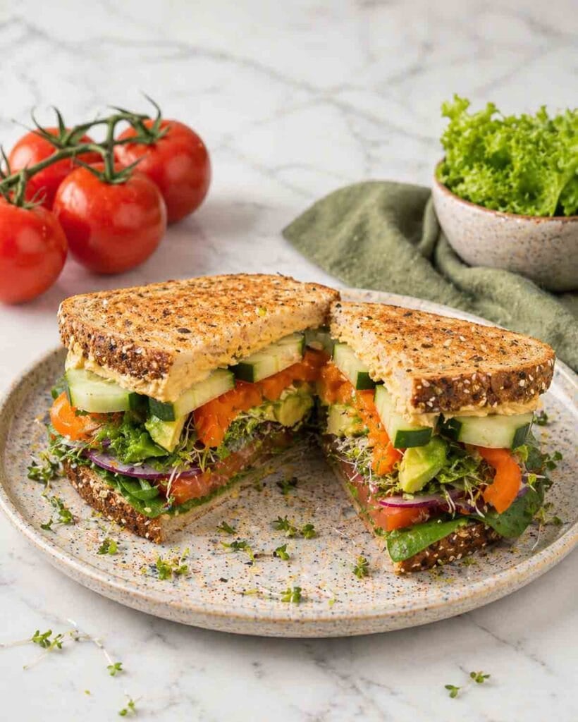 vegetable hummus sandwich sliced in half on a plate.