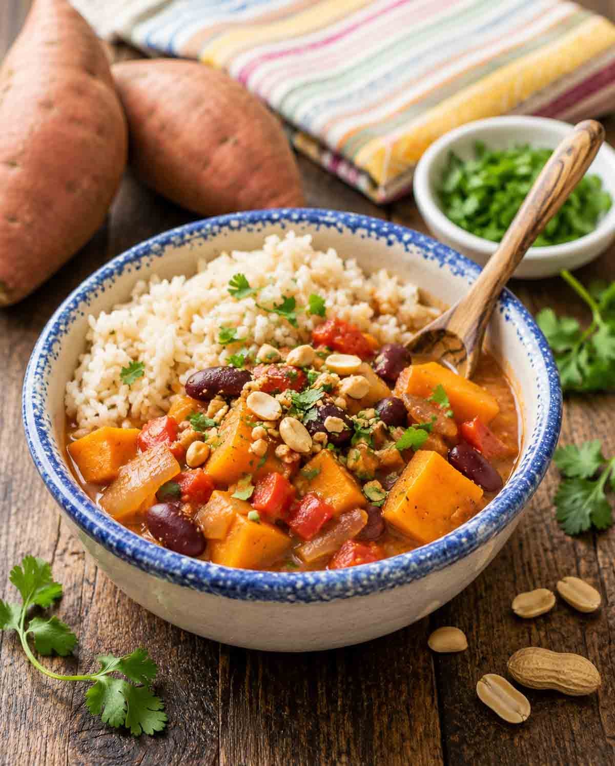 sweet potato peanut stew in a bowl with a wooden spoon.