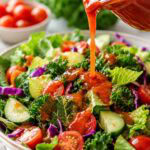tangy tomato salad dressing being poured from a jar onto a colorful salad.