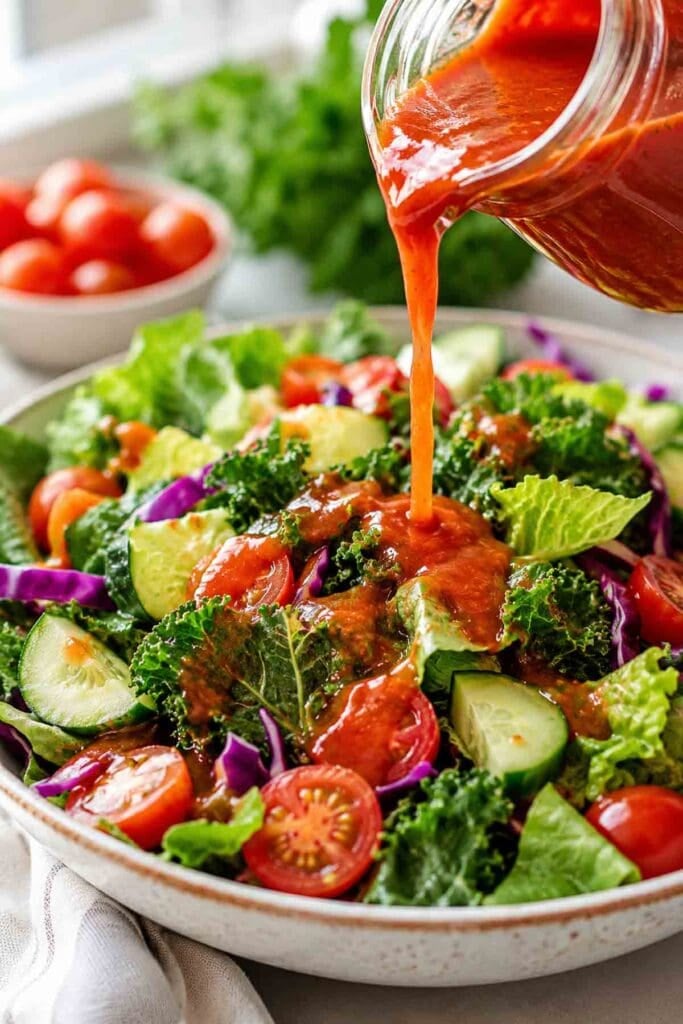 tangy tomato salad dressing being poured from a jar onto a colorful salad.