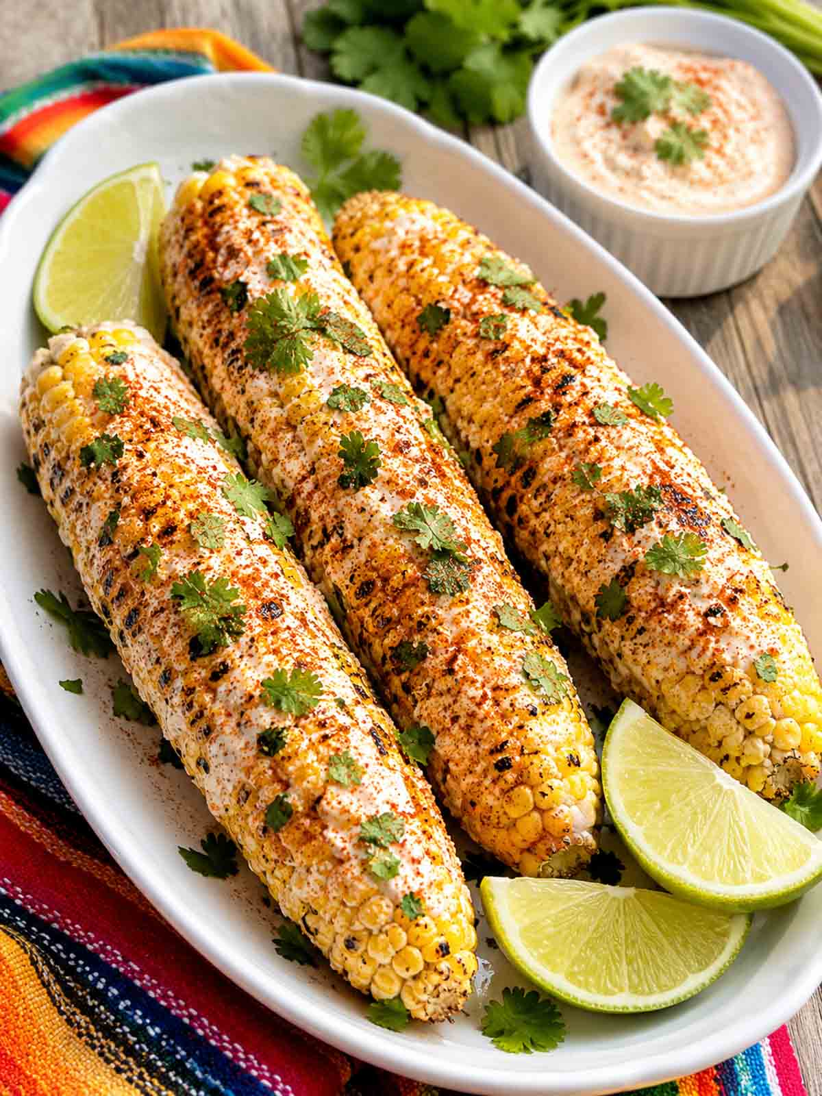 mexican street corn on the cob on a white platter with lime wedges.