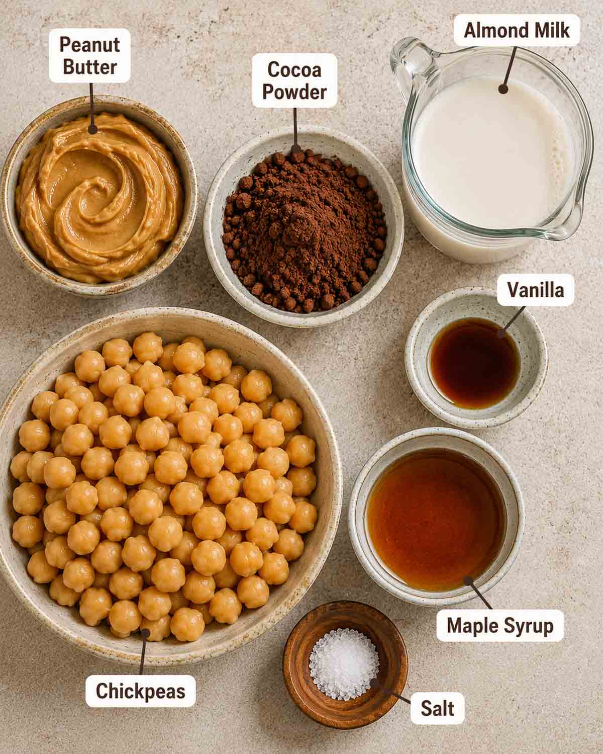 ingredients for chocolate hummus in bowls and labeled.
