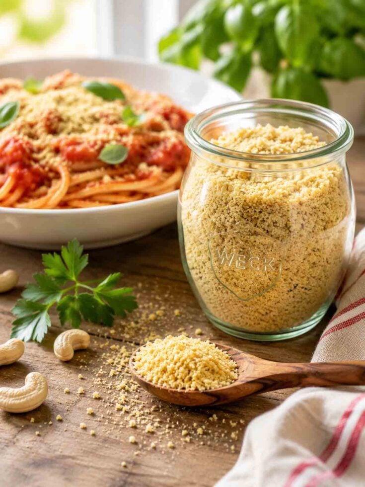 cashew parmesan in a glass jar with pasta marinara in the background.