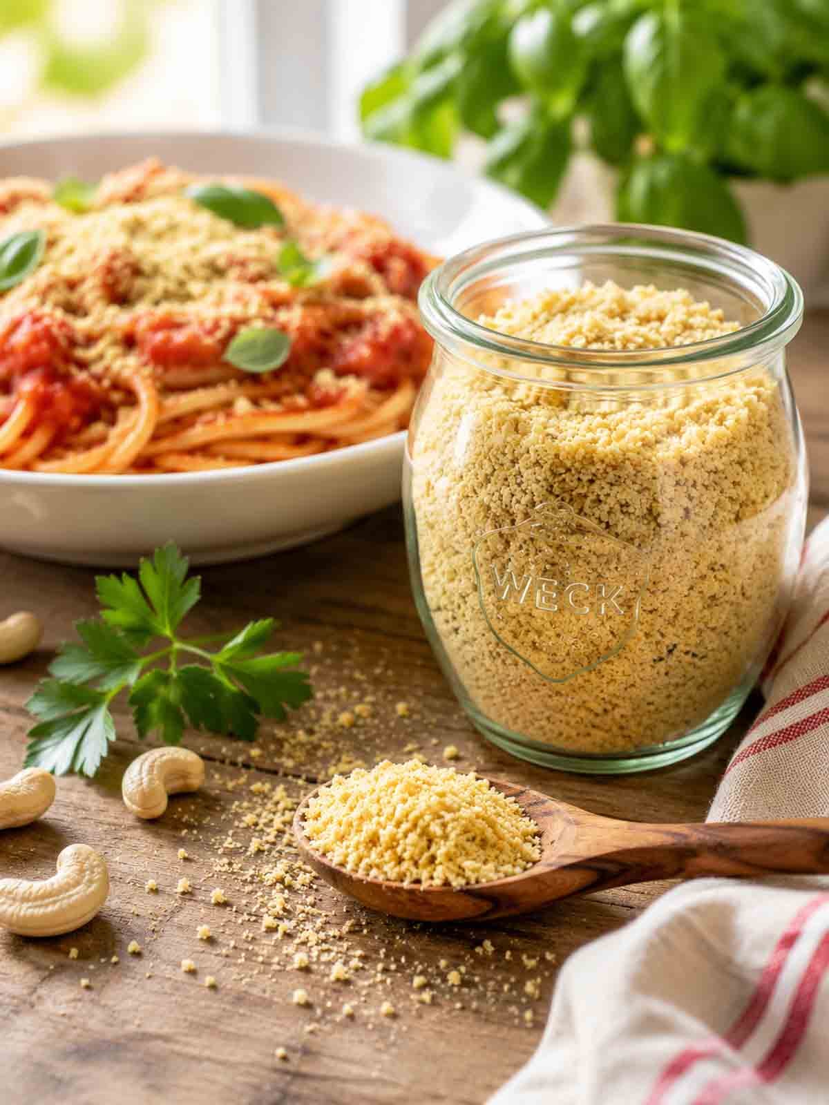 cashew parmesan in a glass jar with pasta marinara in the background.