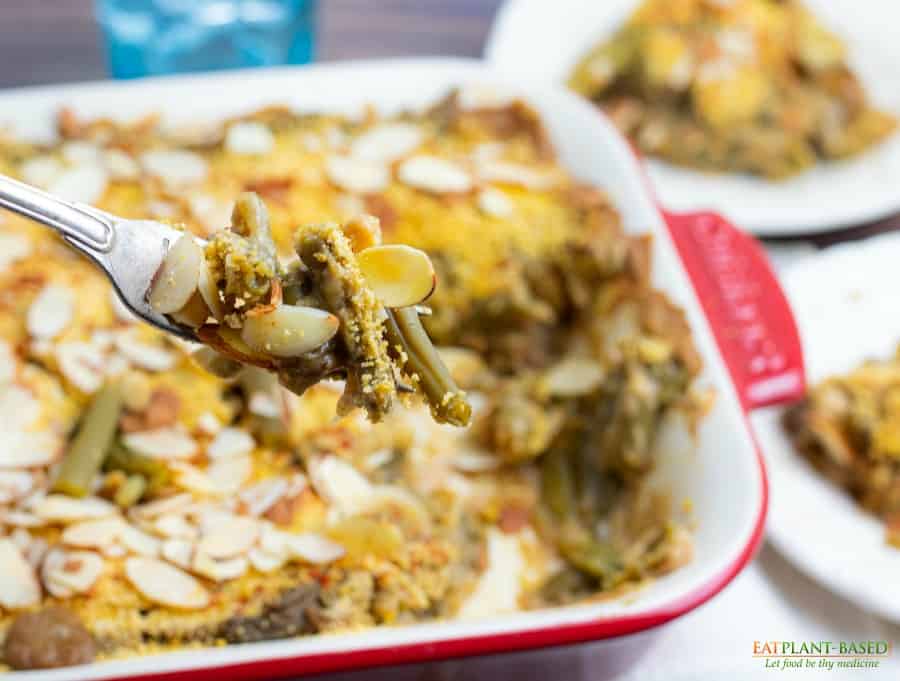 vegan casserole with green beans on fork