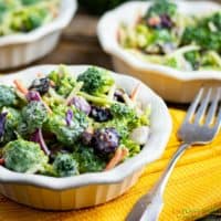 Vegan-Broccoli-Salad in white bowl with fork