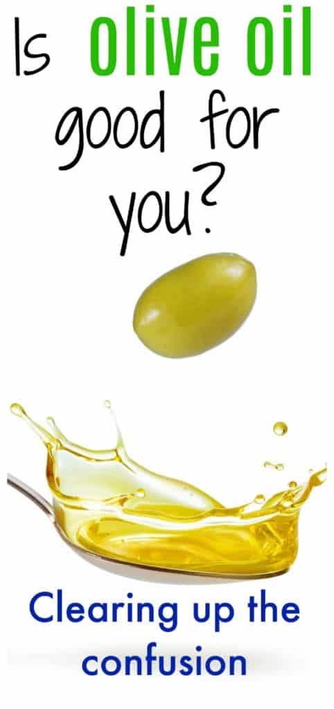 olive falling into spoon of oil pinterest photo with title