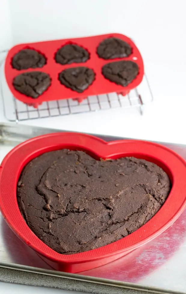 sugar free chocolate heart shaped cake in silicone pan