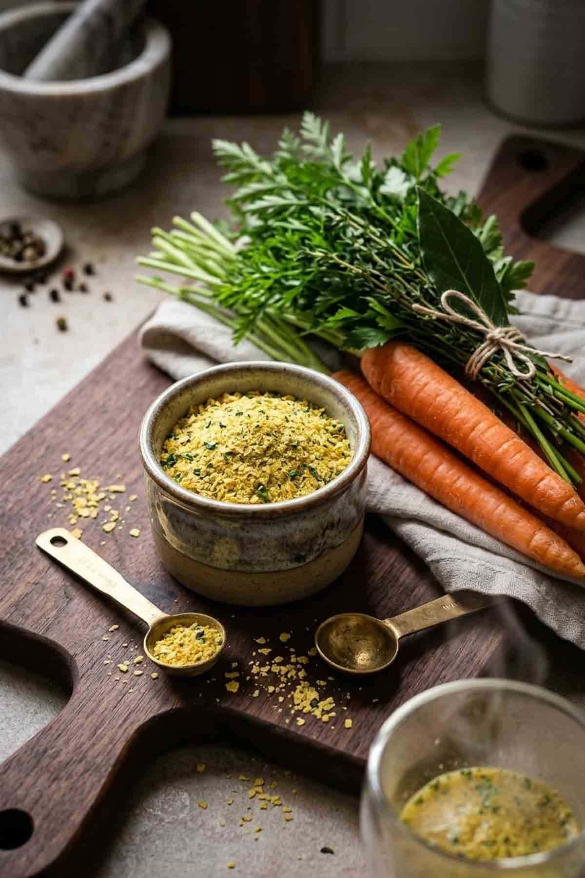 vegetable bouillon homemade in measureing cup on wood board with carrots and herbs.