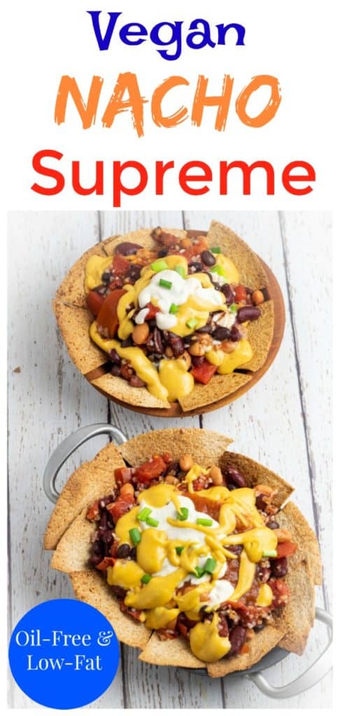 vegan nachos overhead photo for pinterest with title