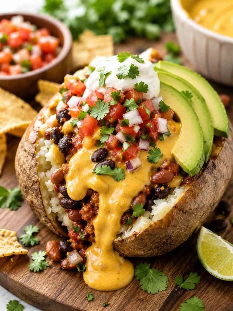 baked potato stuffed with vegan taco filling, beans, cashew cheese sauce, and veggies.
