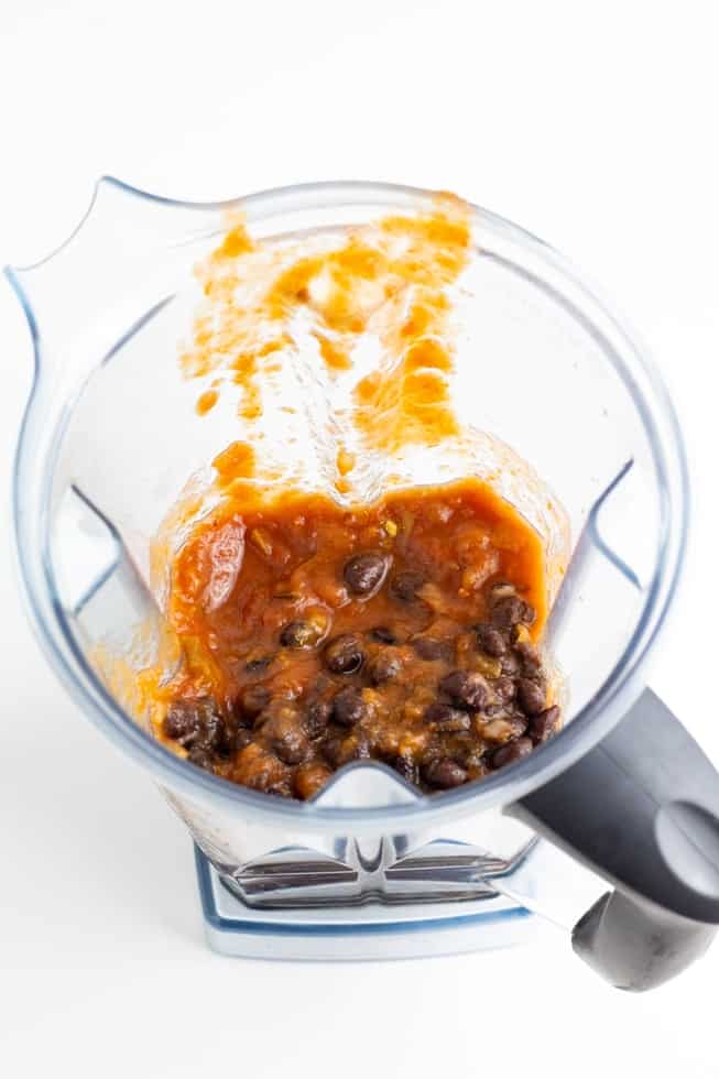 black beans, salsa, and spices in blender