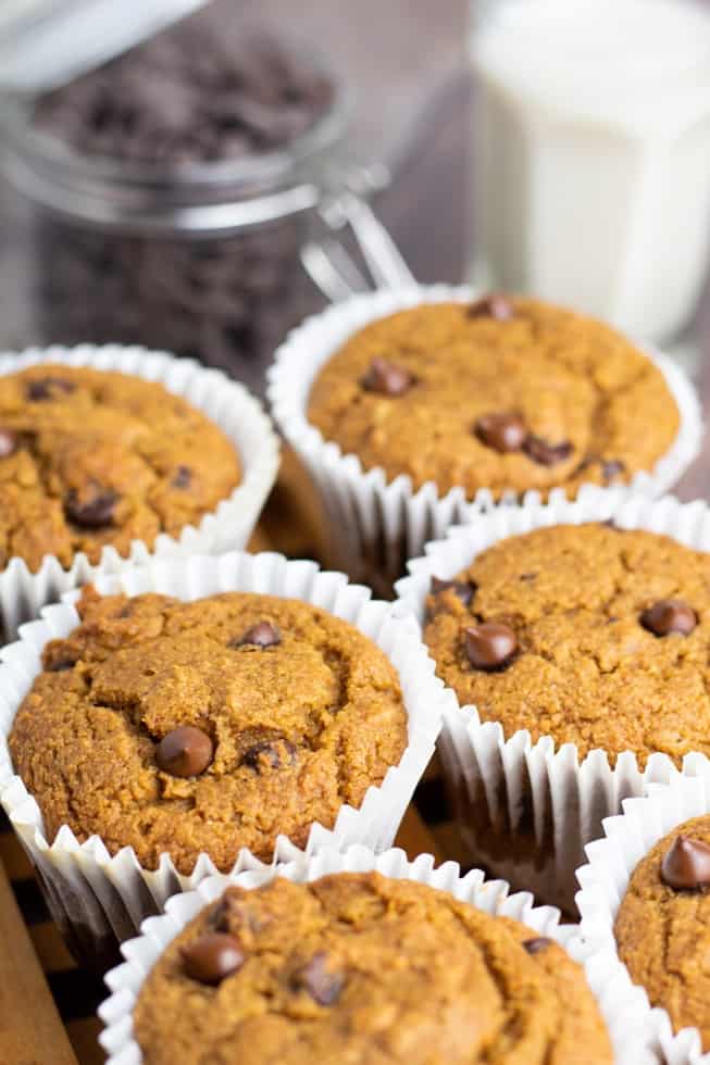 chocolate chip muffins in white muffin cups