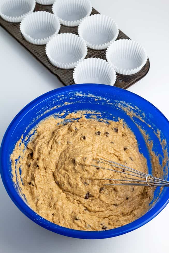 chocolate chip muffin batter in large blue bowl with white background