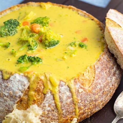 vegan broccoli cheese soup in bread bowl