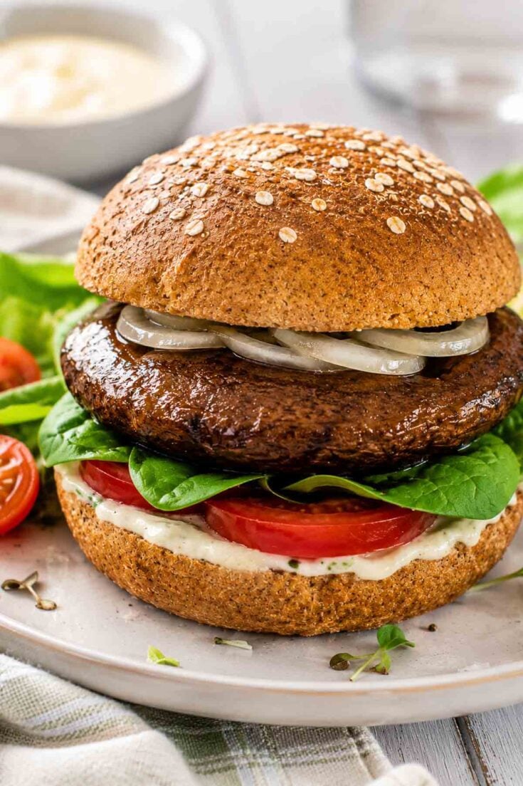 marinated and cooked portobello on a whole wheat bun.