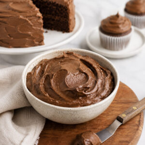 sweet potato chocolate frosting sweetened with maple syrup and in a bowl.