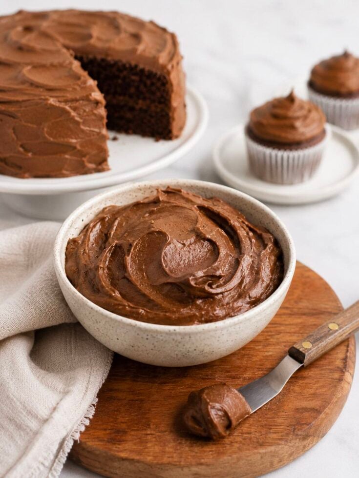 sweet potato chocolate frosting sweetened with maple syrup and in a bowl.